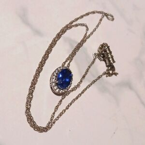Big Blue Sapphire Surrounded By White Sterling Setting/Chain